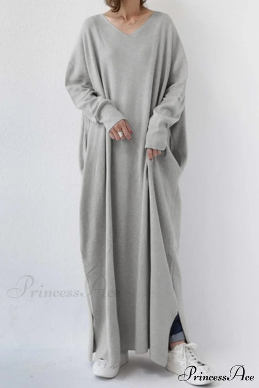 V Neck Sweatshirt Dress with Slit Hem Grey / S
