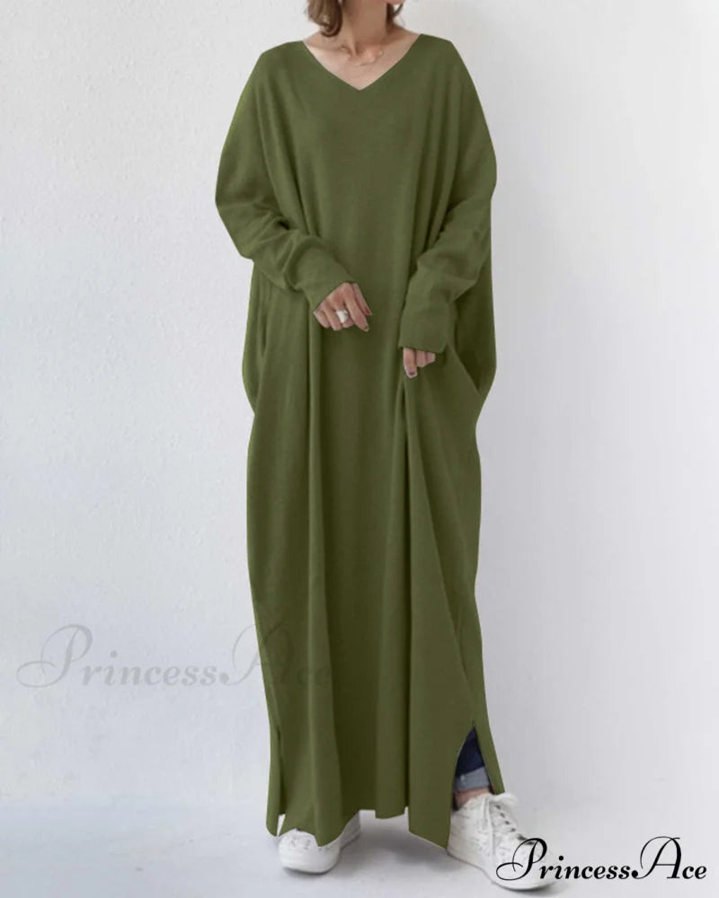 V Neck Swing Dress - Long Sleeve Army green / 3XL