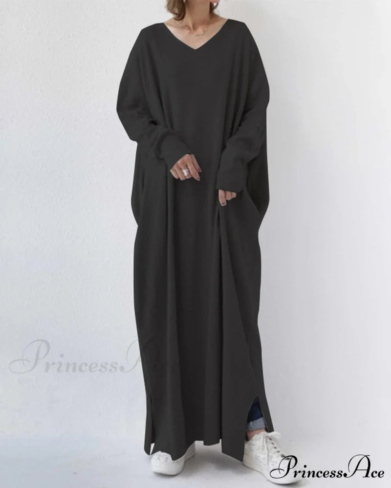 V Neck Swing Dress - Long Sleeve Black / M