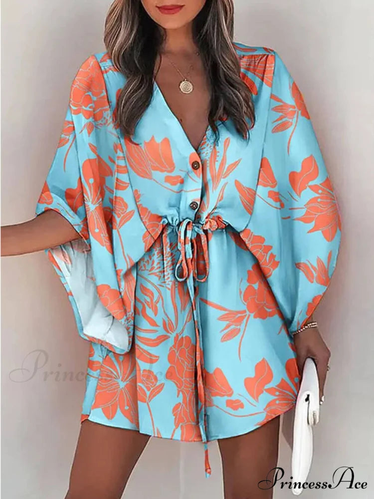 V-Neck Tie Printed Charming Batwing Sleeve Dress Blue / S