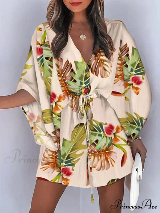 V-Neck Tie Printed Charming Batwing Sleeve Dress Khaki / S
