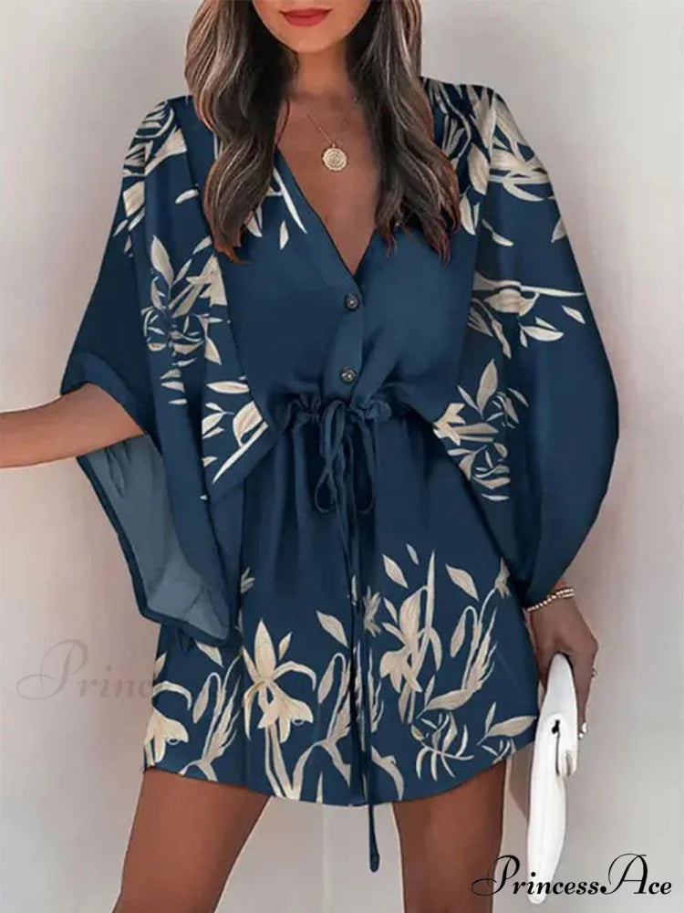V-Neck Tie Printed Charming Batwing Sleeve Dress Navy blue / S