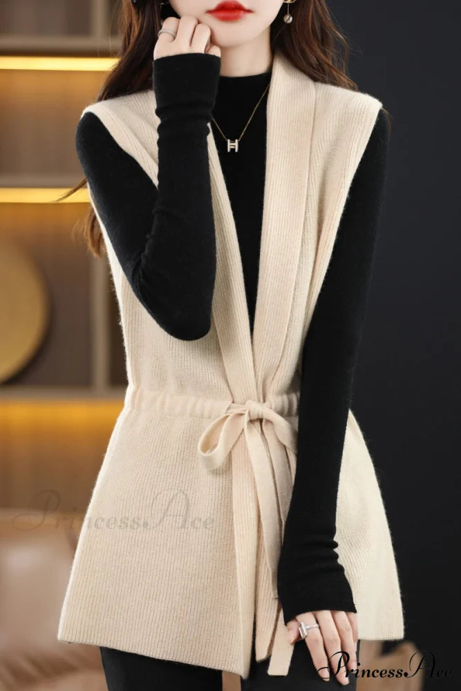 V-Neck Tie Vest Vest Women’s Short Knit Cardigan Beige / S