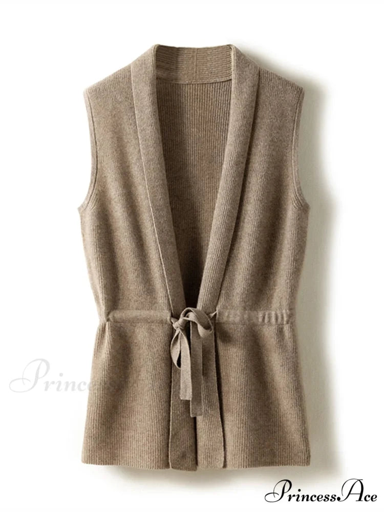 V-Neck Tie Vest Vest Women’s Short Knit Cardigan Camel / S