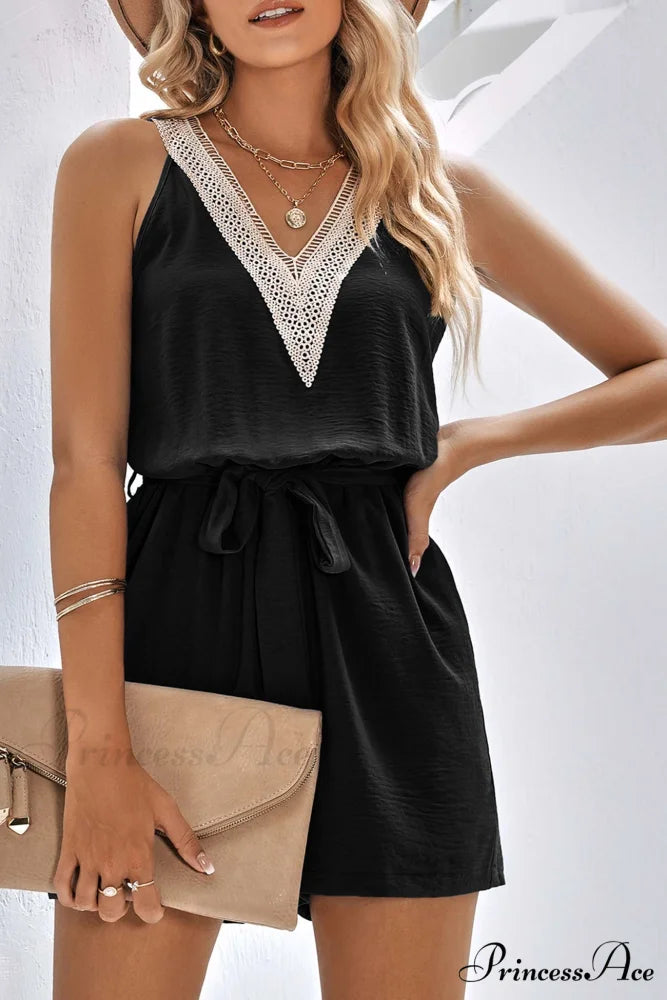 V Neck Tie-waist Rompers with Lacework Black / S
