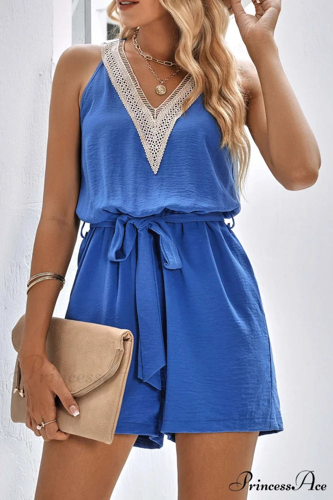 V Neck Tie-waist Rompers with Lacework Blue / M