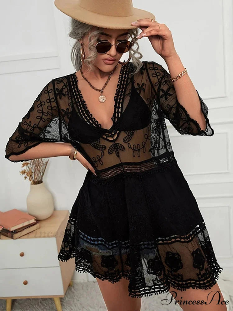 V-neck Transparent Lace Boho Cover-up Black / One Size bohodress-250126