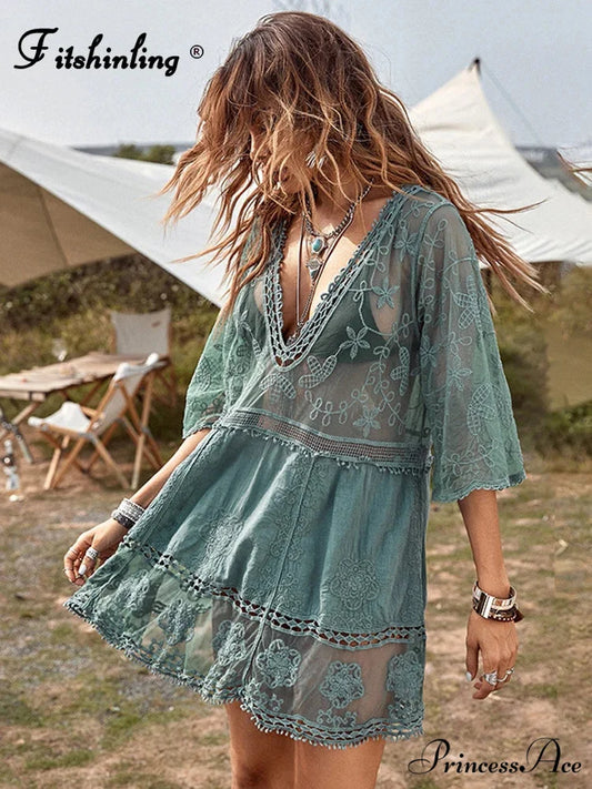 V-neck Transparent Lace Boho Cover-up bohodress-250126