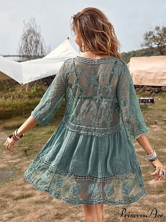 V-neck Transparent Lace Boho Cover-up Green / One Size bohodress-250126