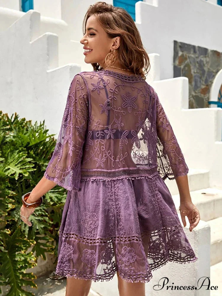 V-neck Transparent Lace Boho Cover-up PURPLE / One Size bohodress-250126