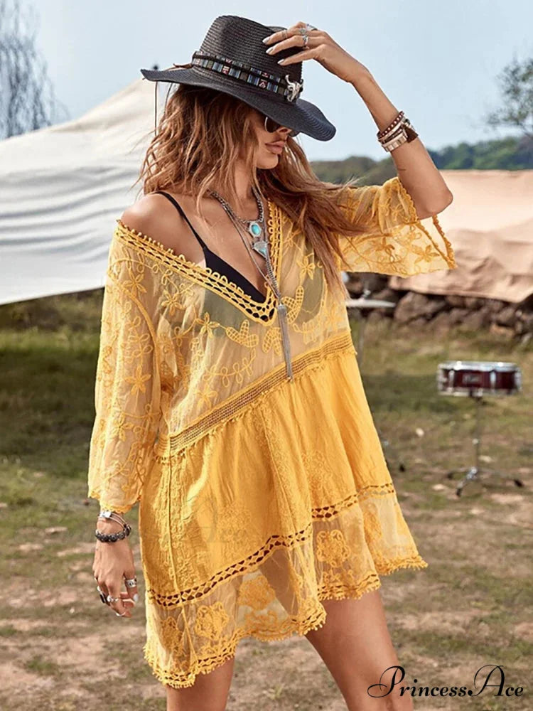 V-neck Transparent Lace Boho Cover-up Yellow / One Size bohodress-250126
