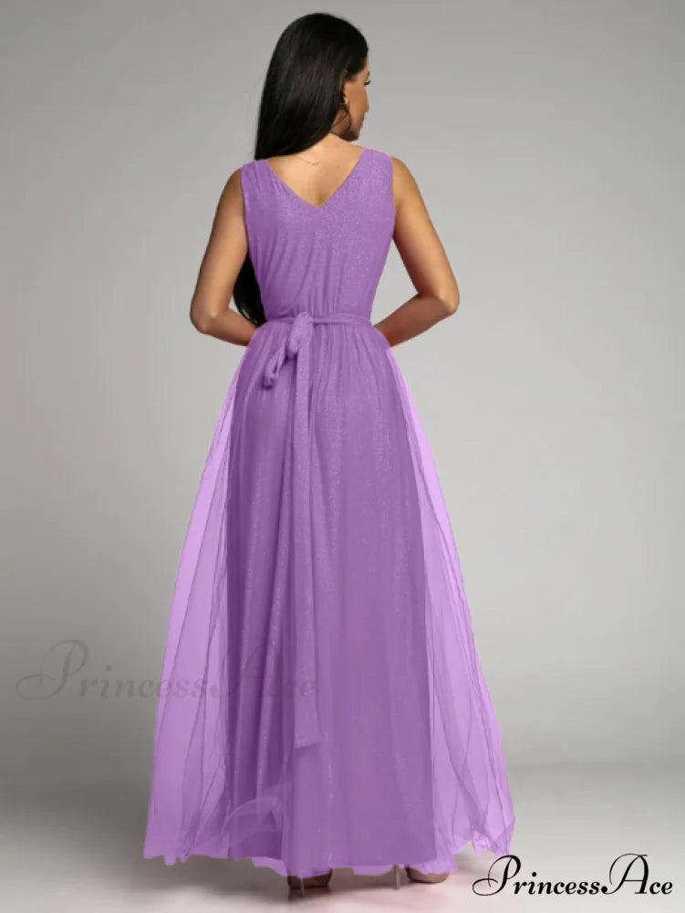 V-neck Waist Slim Split Big Swing Shiny Dress S / purple