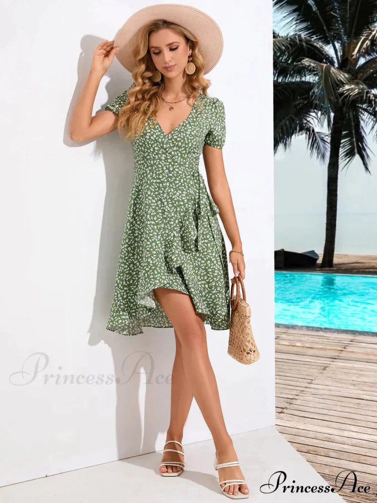 V-Neck with Gown Flowered Arm Brief Bohemian Print