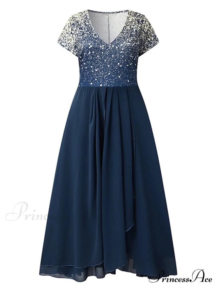 V Patchwork Line Midi A Gown with 2024 Blue Chiffon Navy Color Warm-Season - Neck Women’s and Gown Gradient Spring