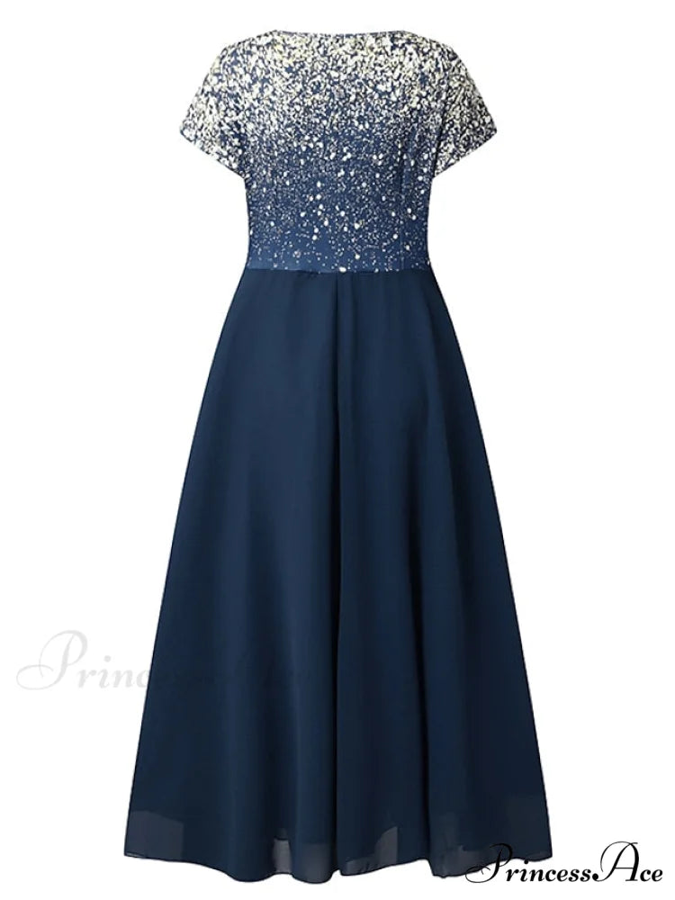 V Patchwork Line Midi A Gown with 2024 Blue Chiffon Navy Color Warm-Season - Neck Women’s and Gown Gradient Spring