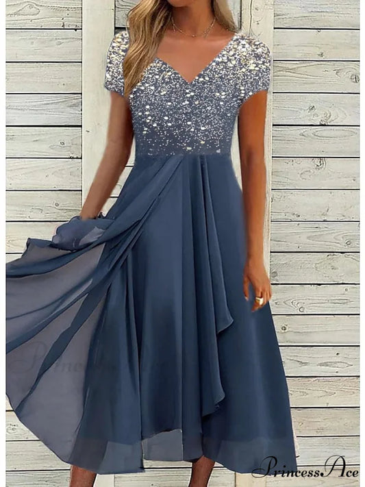 V Patchwork Line Midi A Gown with 2024 Blue Chiffon Navy Color Warm-Season - Neck Women’s and Gown Gradient Spring