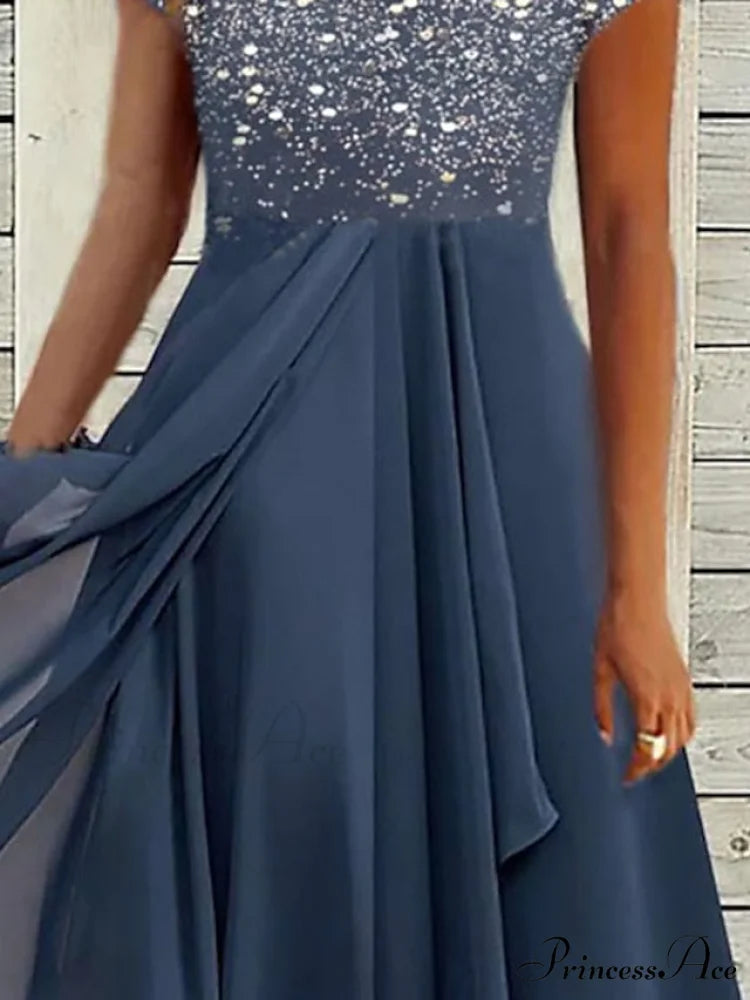 V Patchwork Line Midi A Gown with 2024 Blue Chiffon Navy Color Warm-Season - Neck Women’s and Gown Gradient Spring
