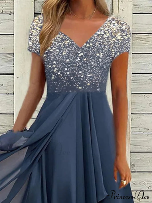 V Patchwork Line Midi A Gown with 2024 Blue Chiffon Navy Color Warm-Season - Neck Women’s and Gown Gradient Spring