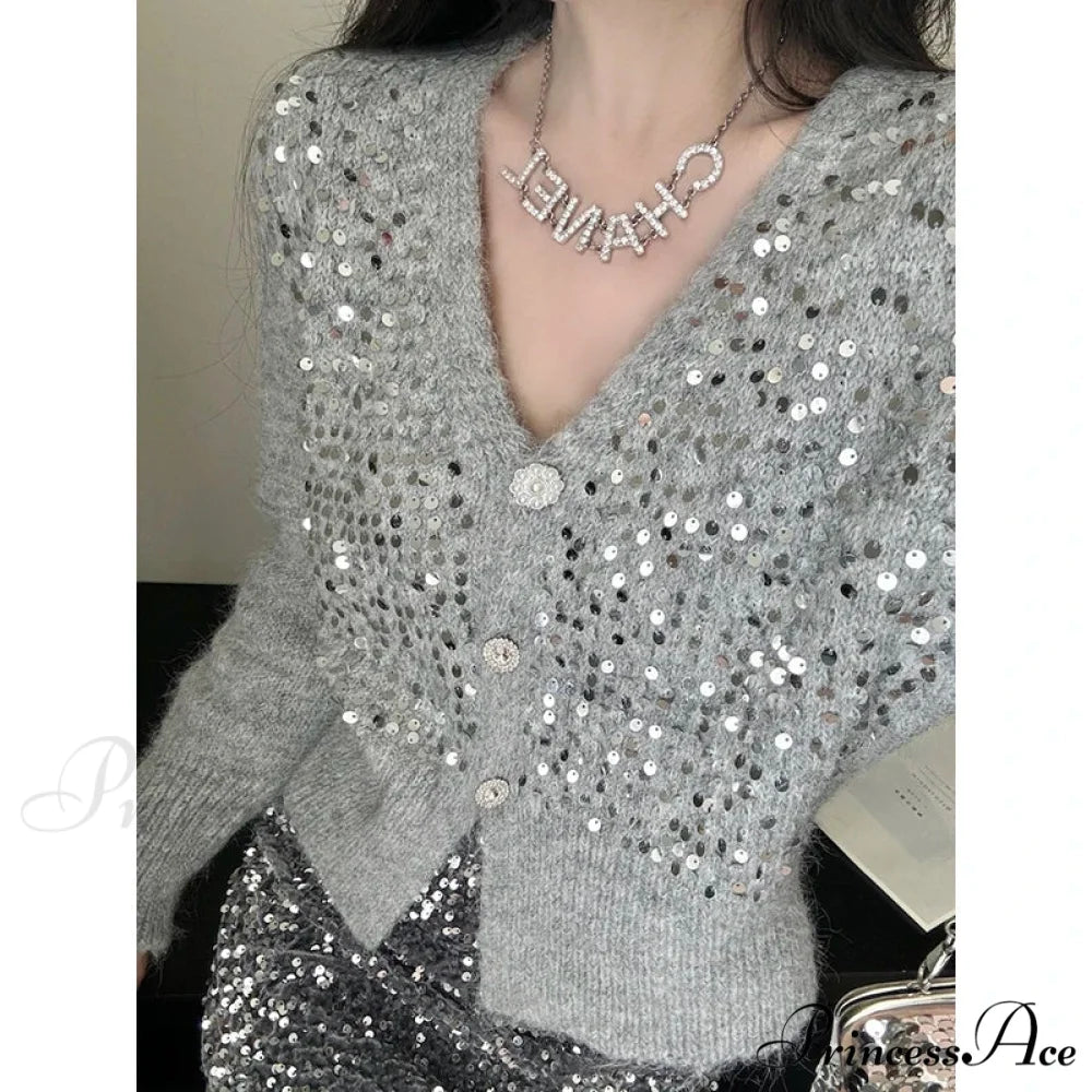 V-shaped Grey Sparkling Knitted Short Cardigan cardigans-241228
