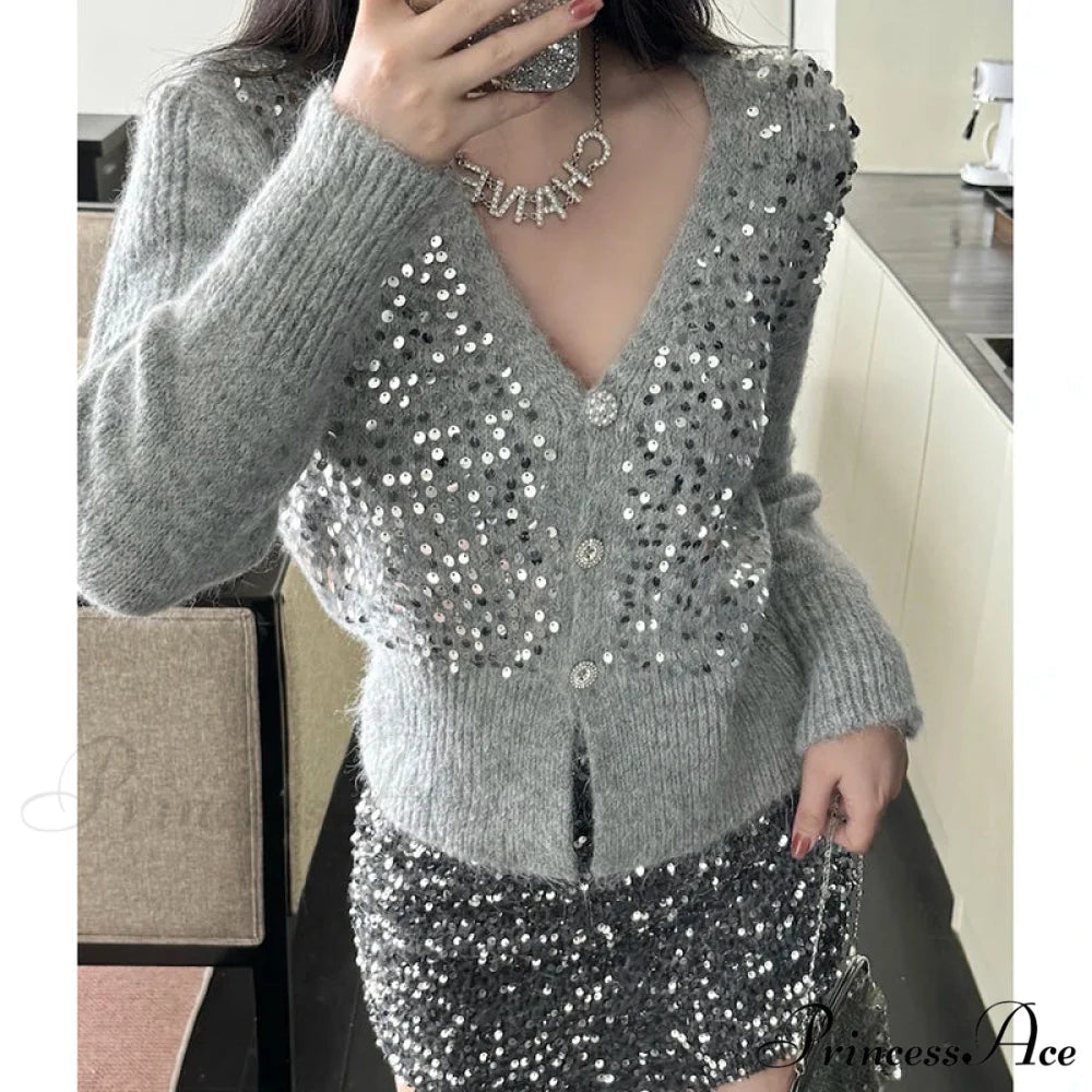 V-shaped Grey Sparkling Knitted Short Cardigan GRAY / One Size cardigans-241228