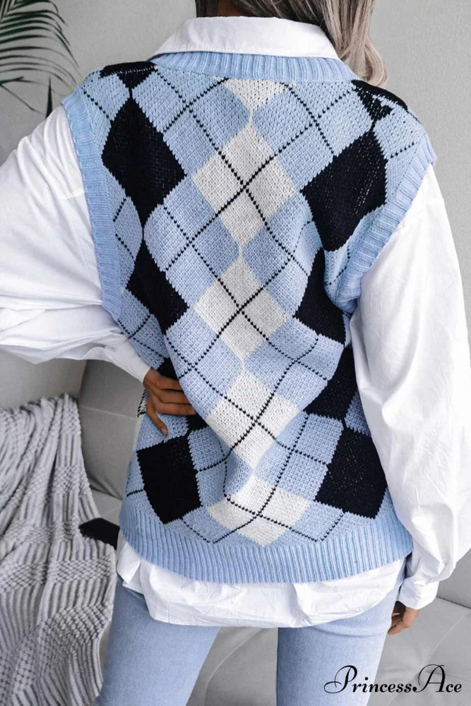 V Sweater Tank Checked with Knit Neck Blue / L