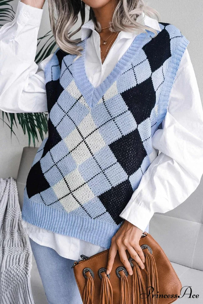 V Sweater Tank Checked with Knit Neck Blue / S