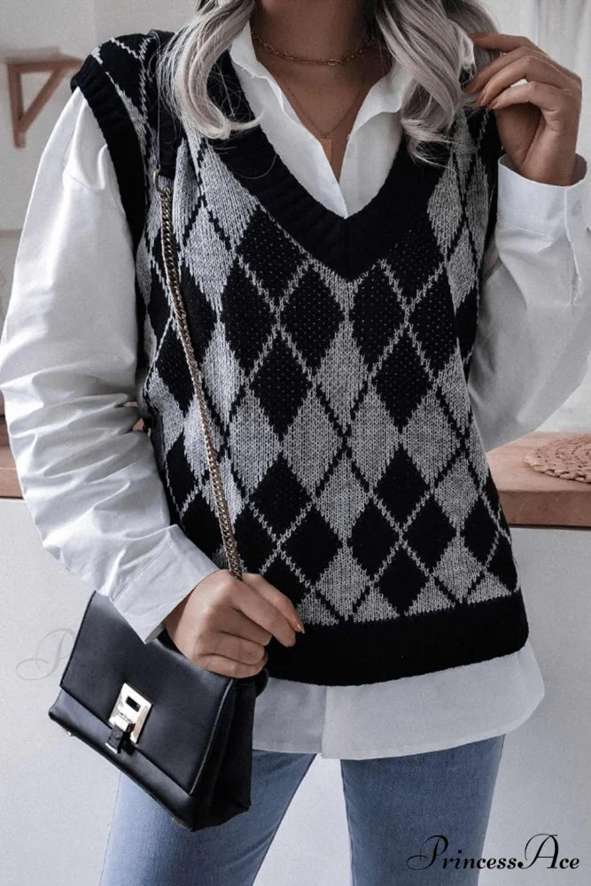 V Sweater Tank Checked with Knit Neck Grey / M