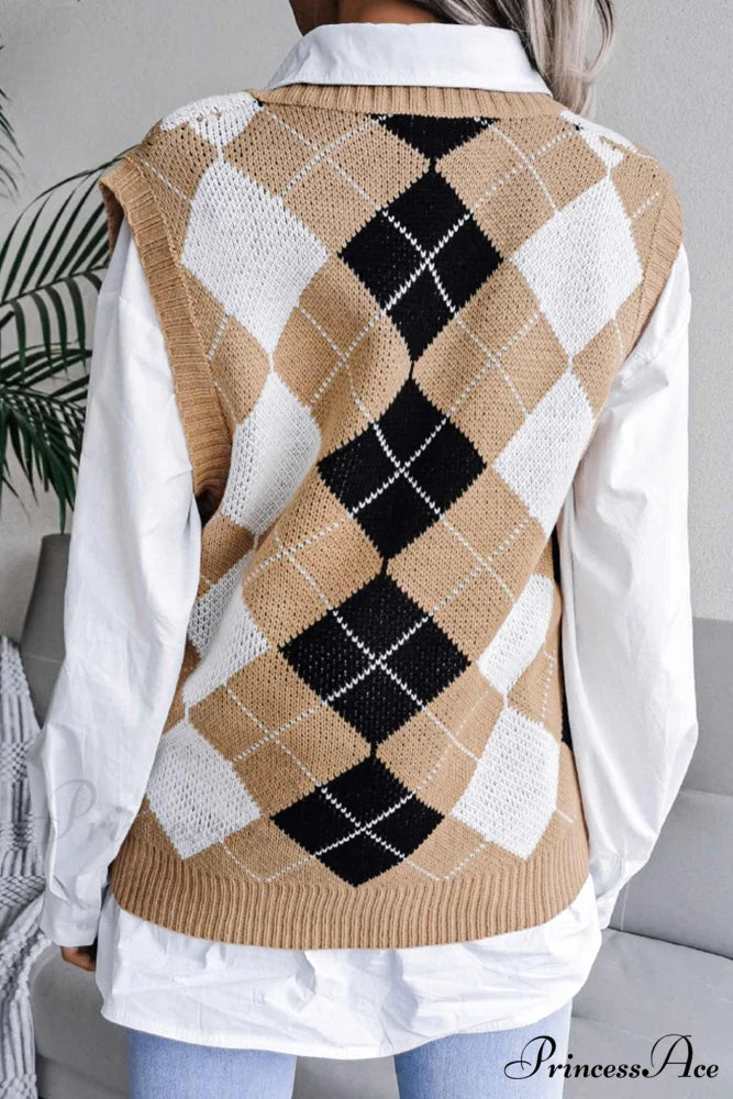 V Sweater Tank Checked with Knit Neck Khaki / L