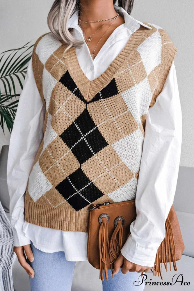 V Sweater Tank Checked with Knit Neck Khaki / M