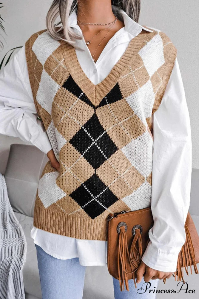 V Sweater Tank Checked with Knit Neck Khaki / S