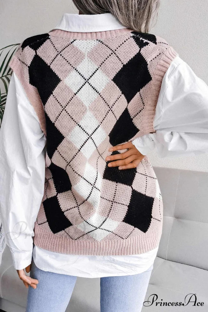 V Sweater Tank Checked with Knit Neck Pink / L