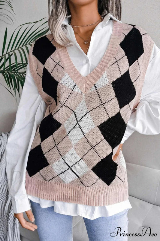 V Sweater Tank Checked with Knit Neck Pink / M