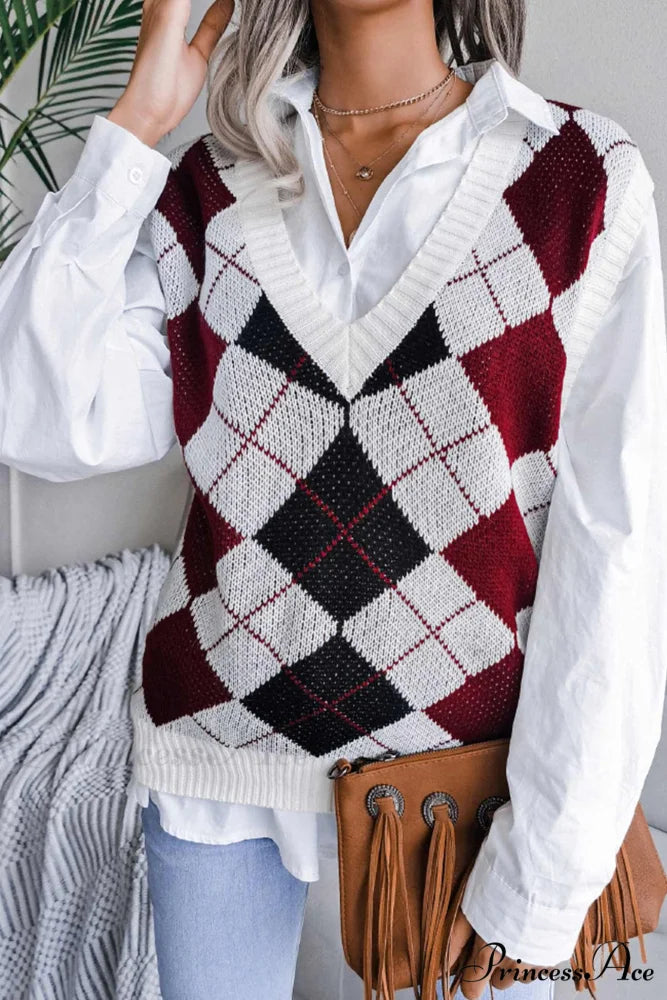 V Sweater Tank Checked with Knit Neck Red / L