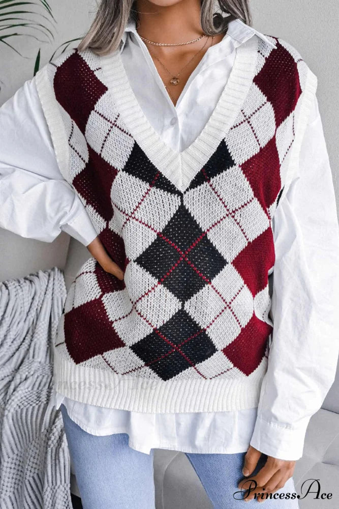 V Sweater Tank Checked with Knit Neck Red / M