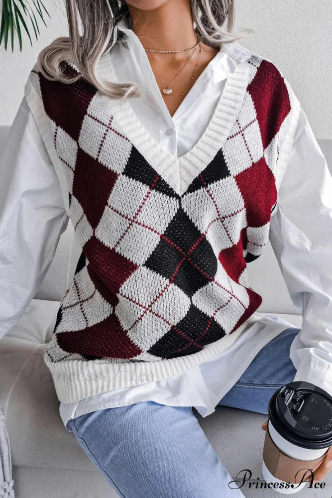V Sweater Tank Checked with Knit Neck Red / S