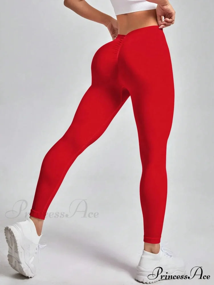 V-Waist High-Elastic Knitting Yoga Sport Legging Red / S