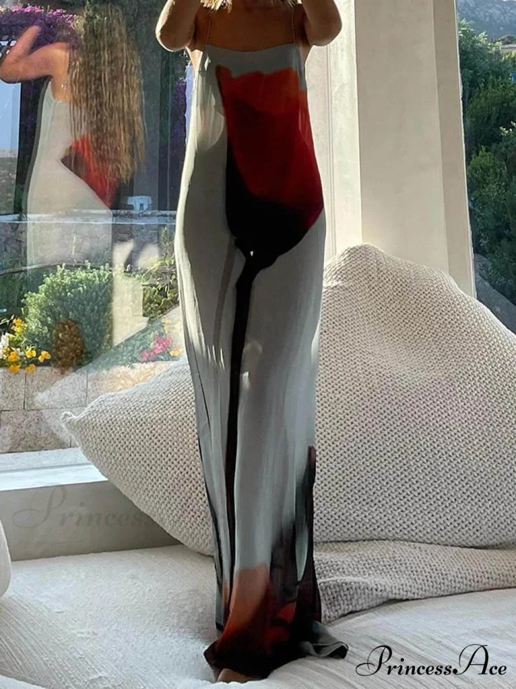 Vacation Abstract Tulip Print Graceful Slip H-Line Maxi Dress