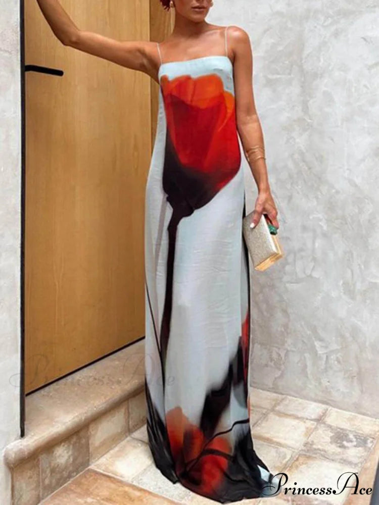 Vacation Abstract Tulip Print Graceful Slip H-Line Maxi Dress