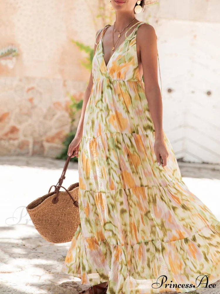 Vacation Casual Loose Tie-Dye Floral Trendy V-Neck Waist Slimming Midi Dress