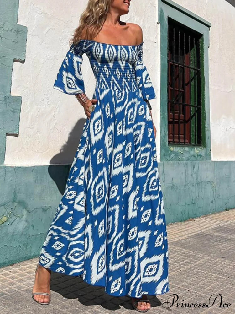 Vacation Ethnic Print Smocked Graceful Off Shoulder Pocketed Maxi Dress Blue / S