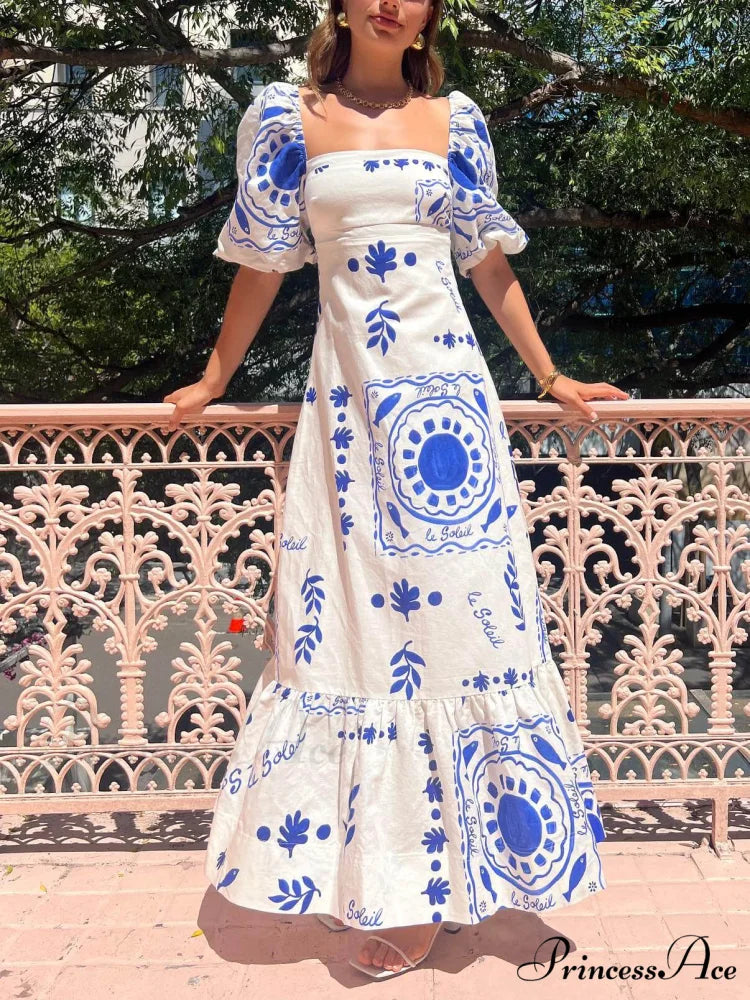 Vacation Puff Stylish Sleeve Midi Dress White / S