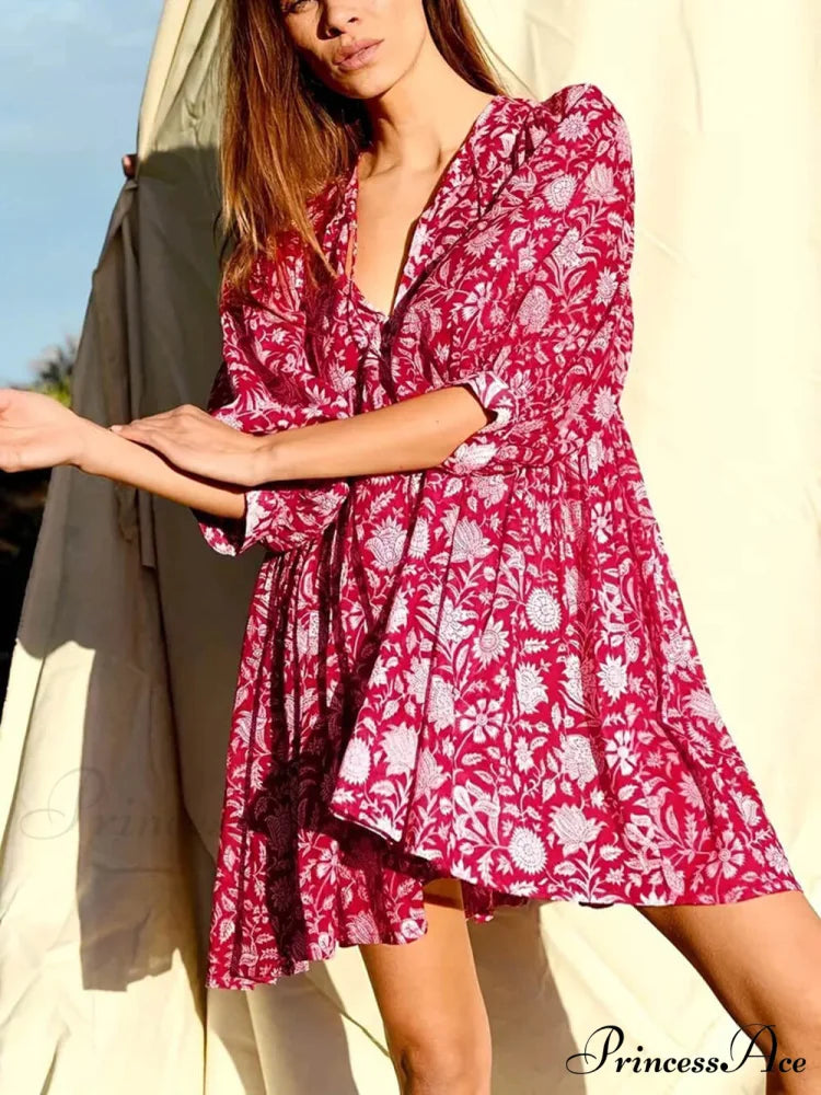 Vacation Retro Style Charming Loose Printed Dress Red / S