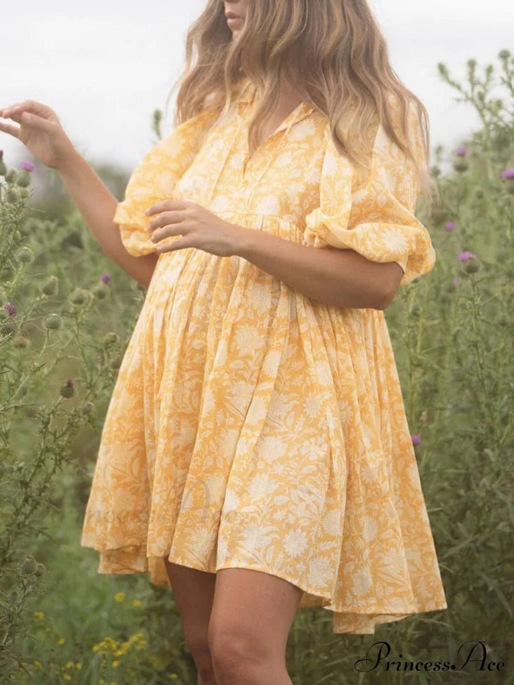 Vacation Retro Style Charming Loose Printed Dress Yellow / S