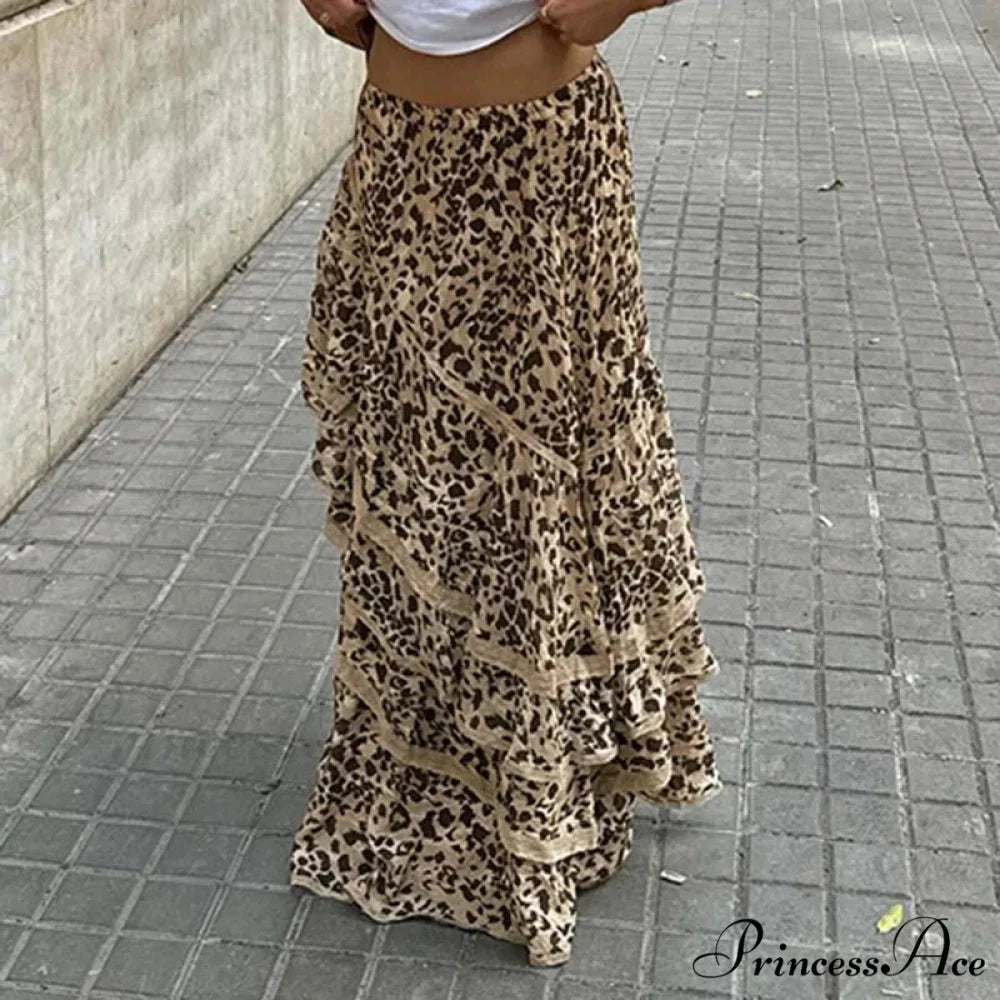 Vacation Skirts Short Waist Cheetah Pattern Long Patched Asymmetrical skirt-250126