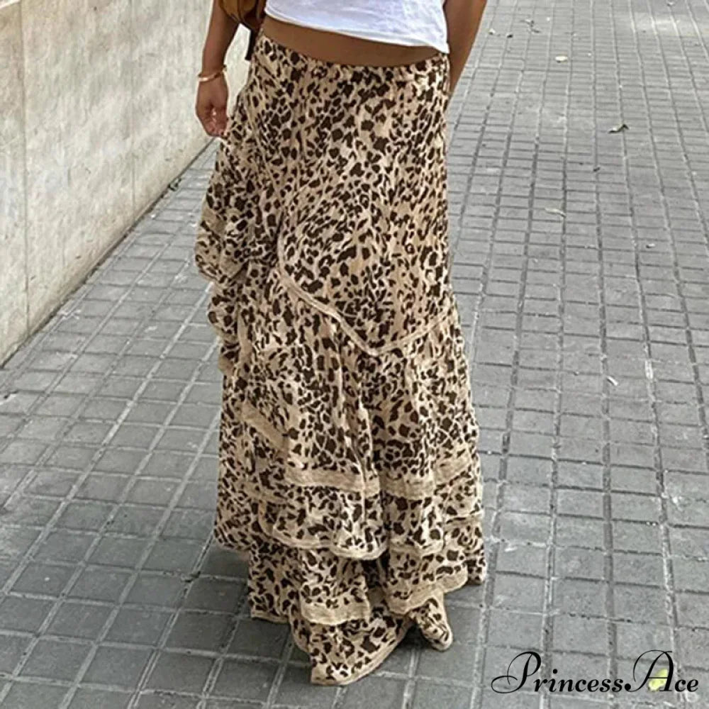 Vacation Skirts Short Waist Cheetah Pattern Long Patched Asymmetrical skirt-250126