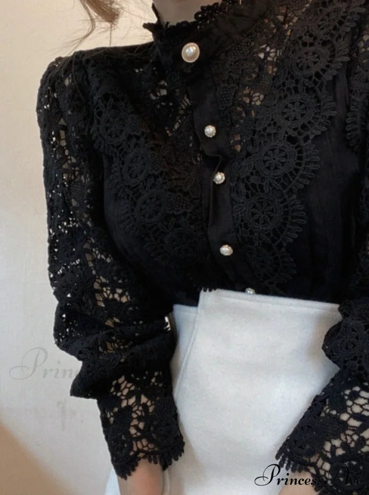 Valerie Blouse with Petal Design S / Black