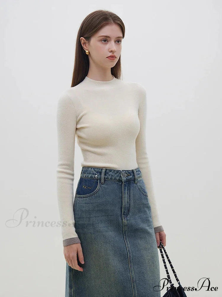 Various Shades Semi High Neck Slim Knitted Sweater creamy-white / S swraters-241228