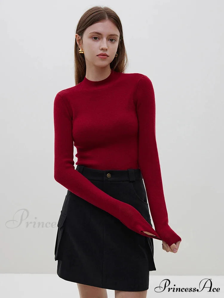 Various Shades Semi High Neck Slim Knitted Sweater Red / S swraters-241228