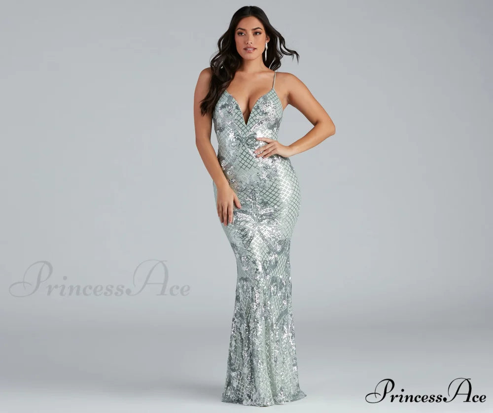 Vee Formal Stylish Sequin Mermaid Dress MINT / XS