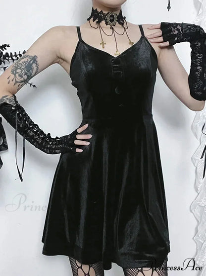 Velvet A-Hem Spaghetti Strap Punk V Neck Sleeveless Draped Bodycon Goth Vintage Mini Cami Dress Black / S